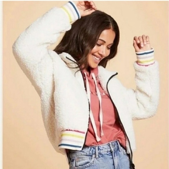 Ivory Ella Sherpa Jacket Coat Full Zip Solid Cream Bomber Colorful Striped XL - Picture 1 of 10